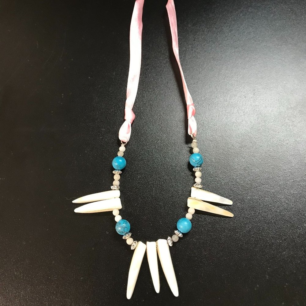 18" Pink Satin Ribbon w/Mother of Pearl Magnesite & Snowy Quartz Necklace